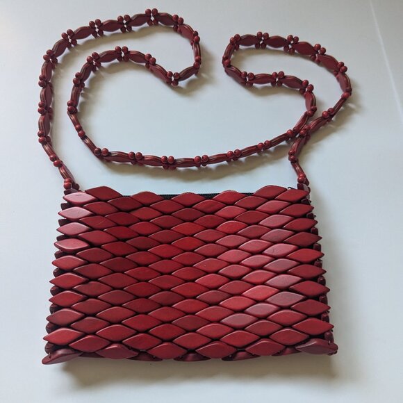Vintage Handbags - VINTAGE hard to find mint condition Brazilian wooden beaded cross-body bag - RED